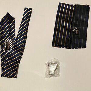 Men's Silk Necktie 4 Piece Set - Dibangu - Blue Gold Striped